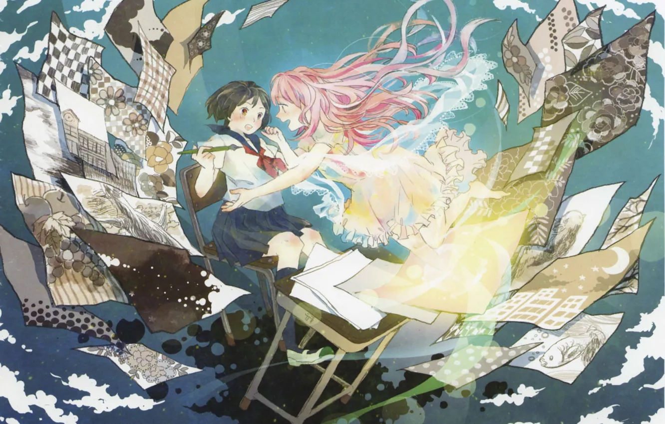 Photo wallpaper fantasy, the wind, magic, figure, feathers, schoolgirl, desks, imagination