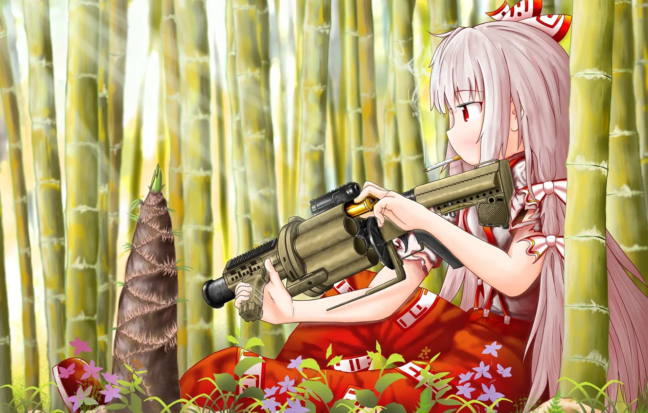 Photo wallpaper weapons, bamboo, girl, machine gun, Touhou, Touhou, Touhou