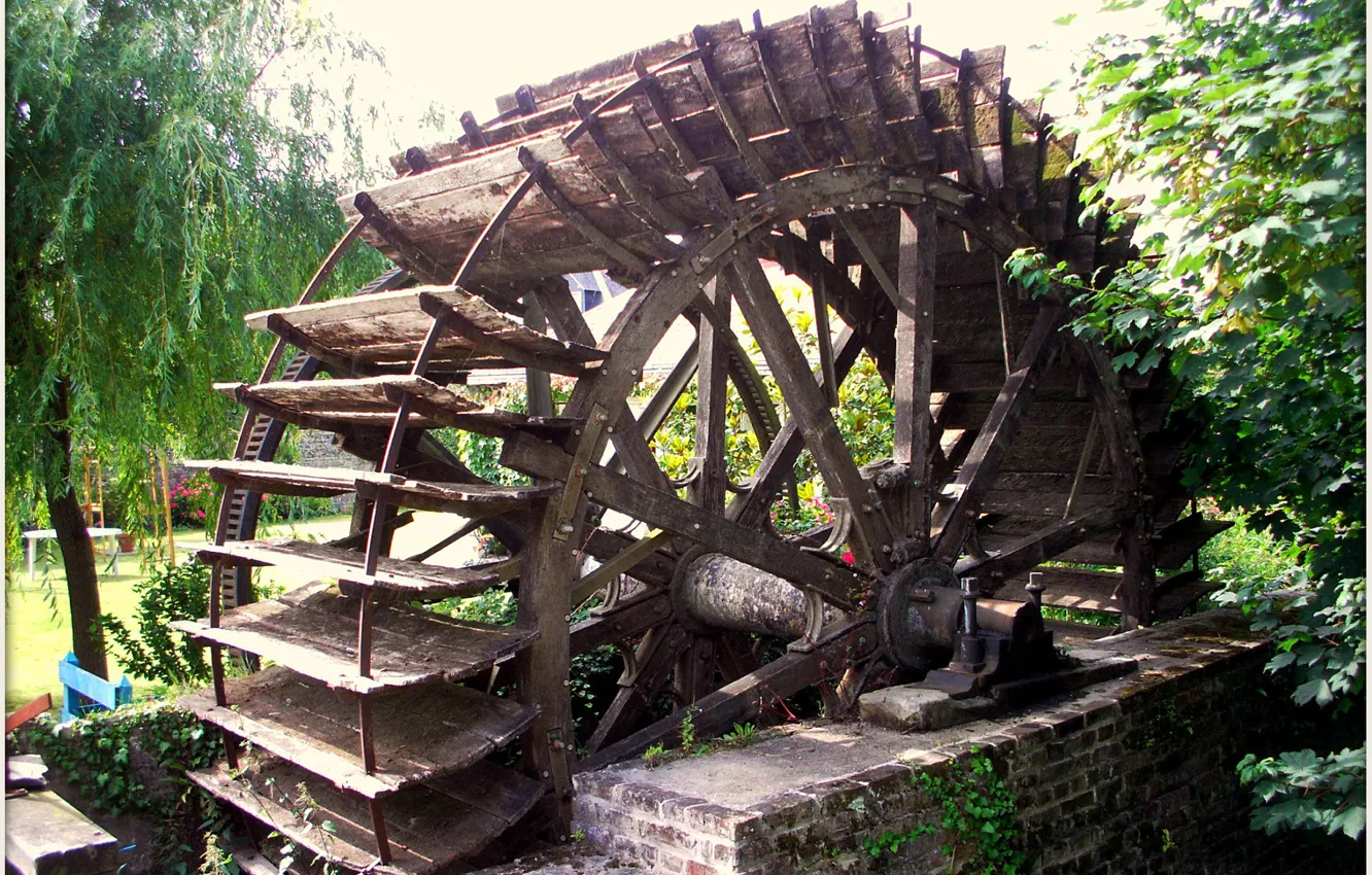 Photo wallpaper trees, brick, water mill