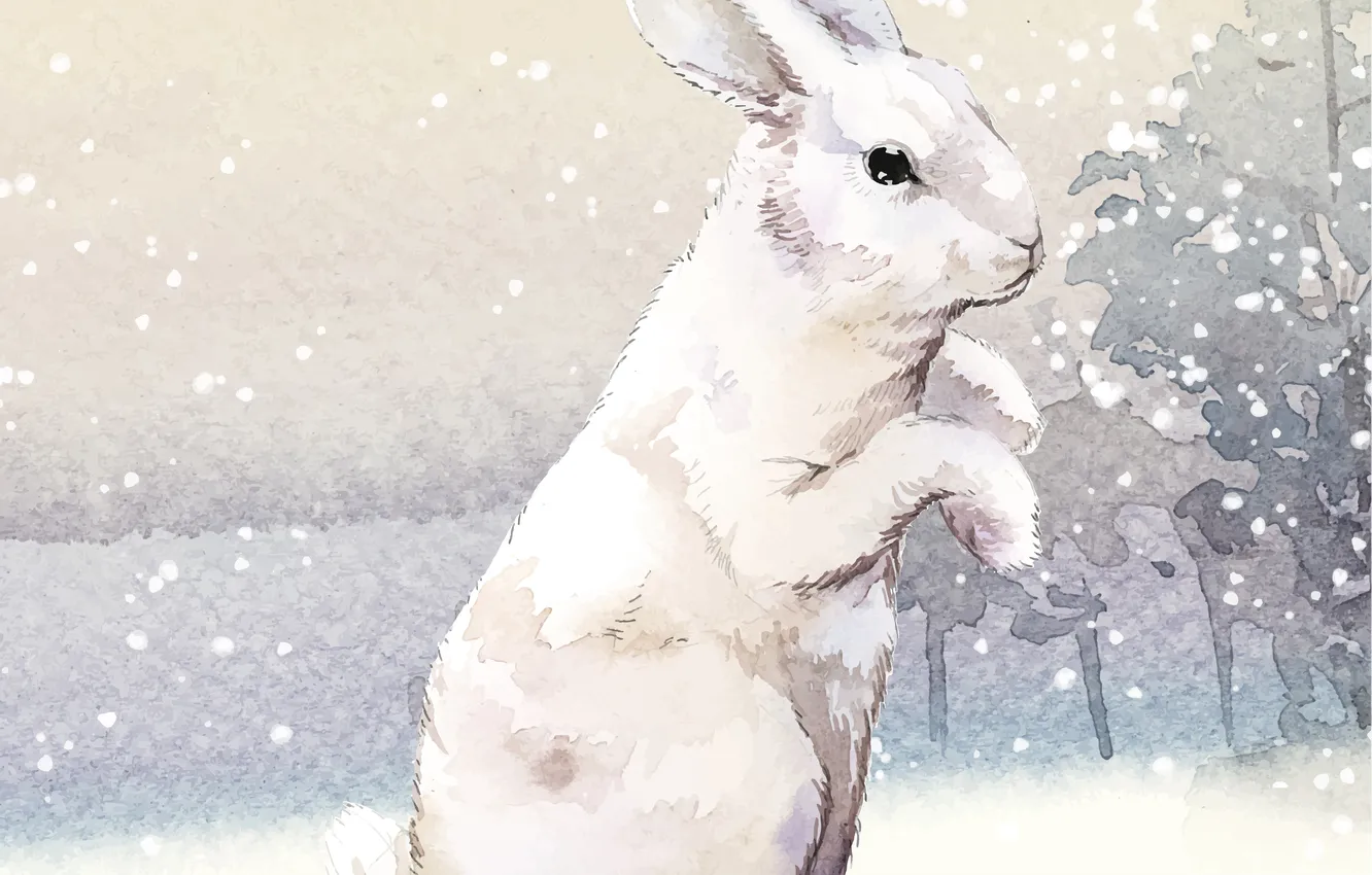 Photo wallpaper winter, snow, hare, art