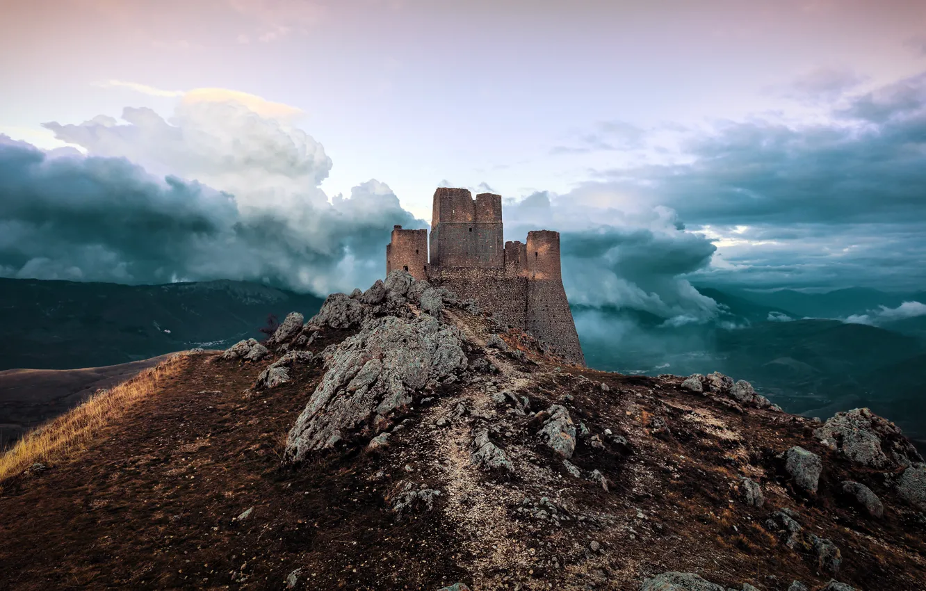 Photo wallpaper the sky, clouds, mountains, fog, stones, castle, hills, height