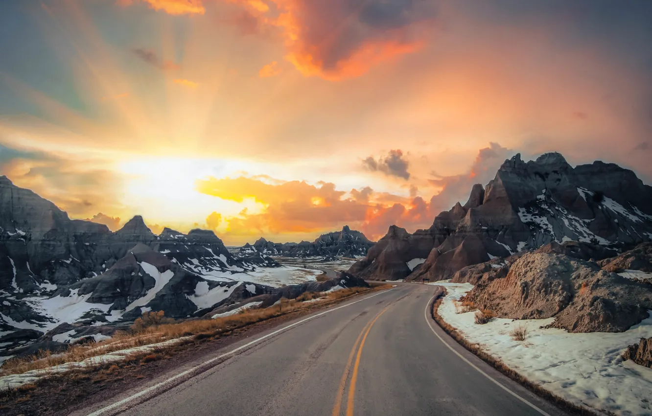 Photo wallpaper winter, road, snow, landscape, sunset, mountains, road, landscape