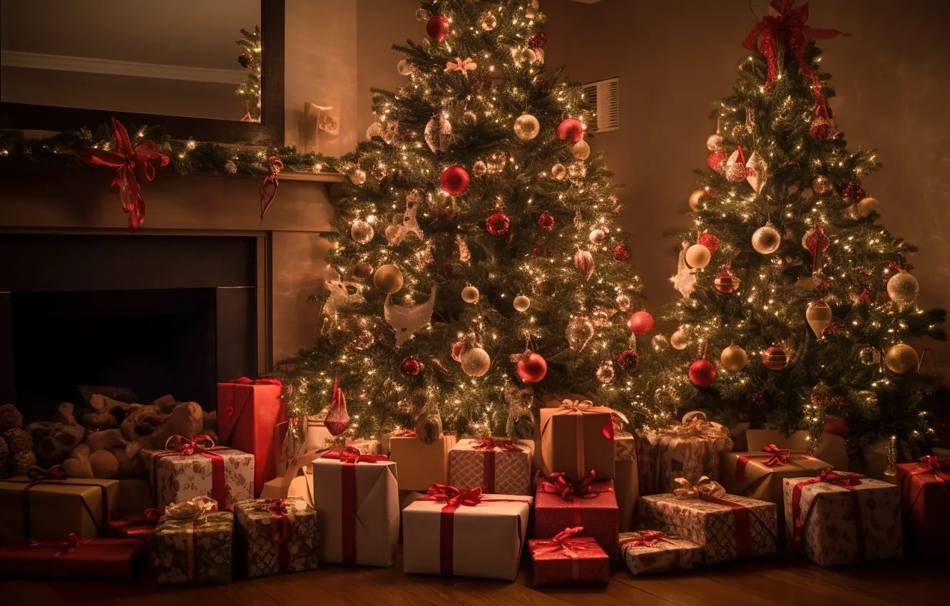 Photo wallpaper winter, decoration, gift, balls, tree, new year, interior, Christmas