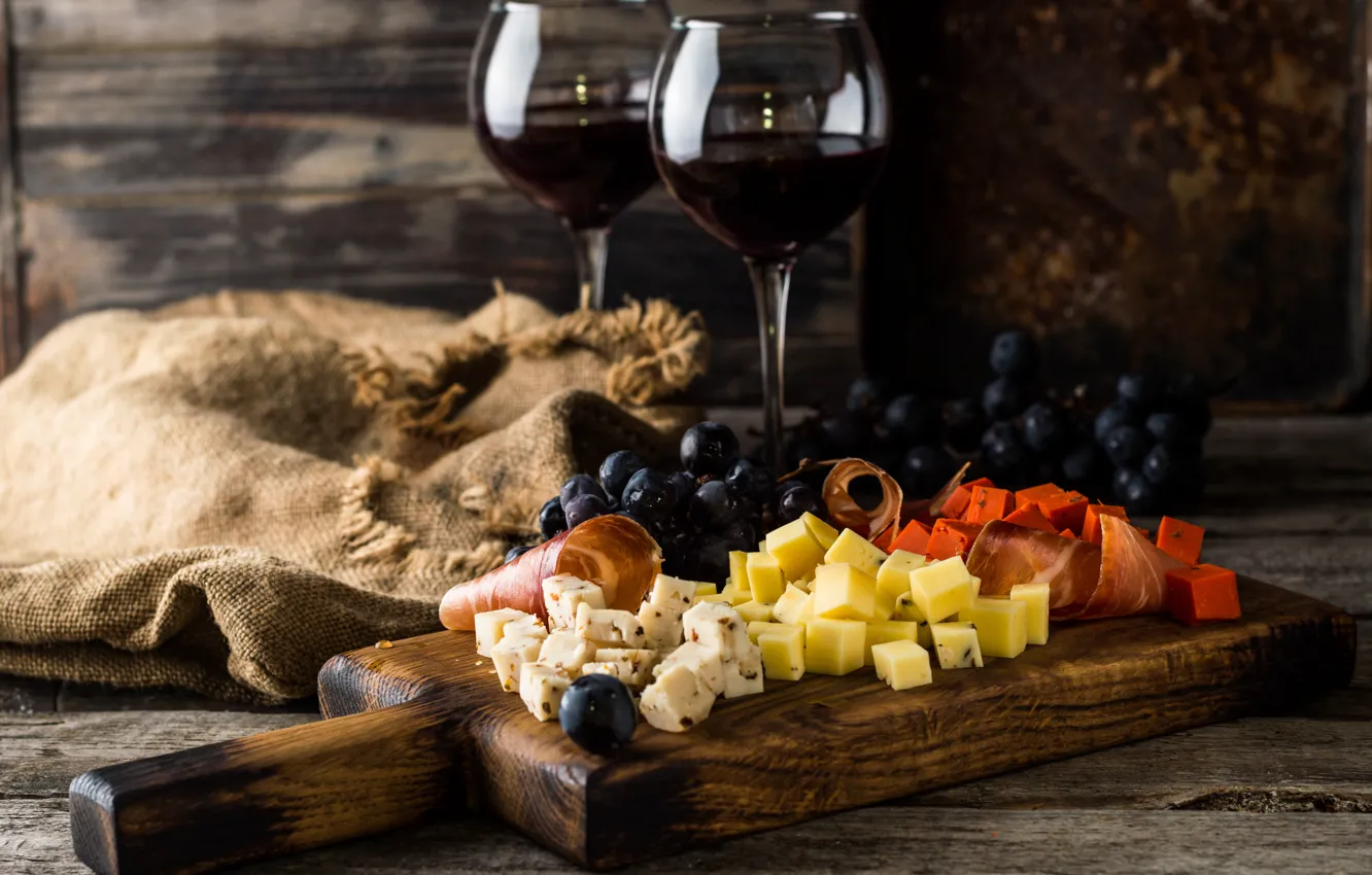 Photo wallpaper red, wine, glass, cheese, appetizer, cuts