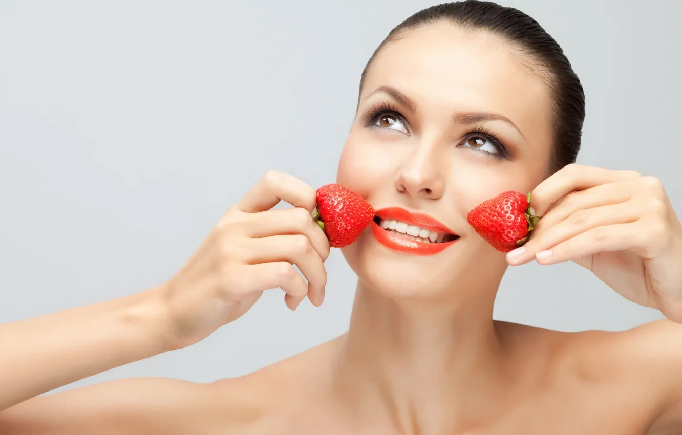 Photo wallpaper face, smile, nose, brunette, strawberry, lips, shoulders, neck