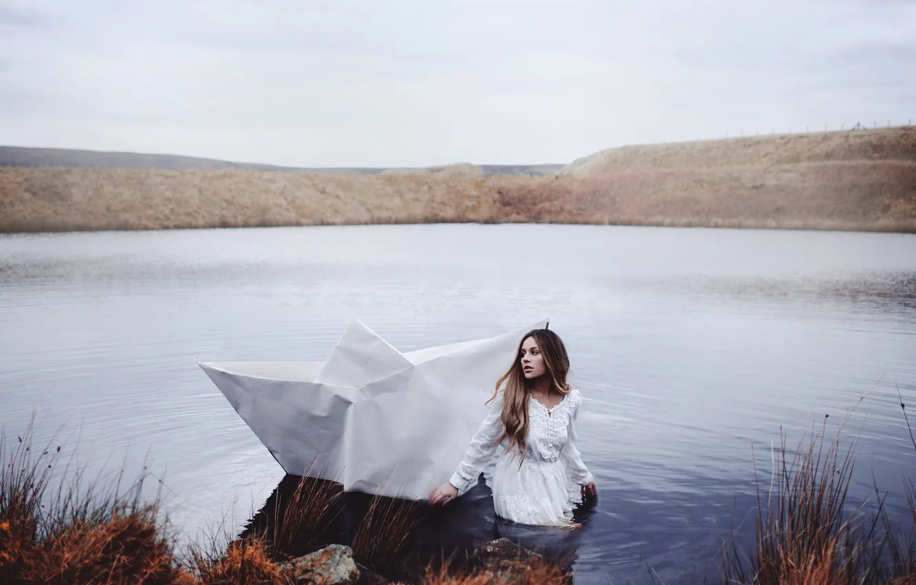 Photo wallpaper girl, river, boat