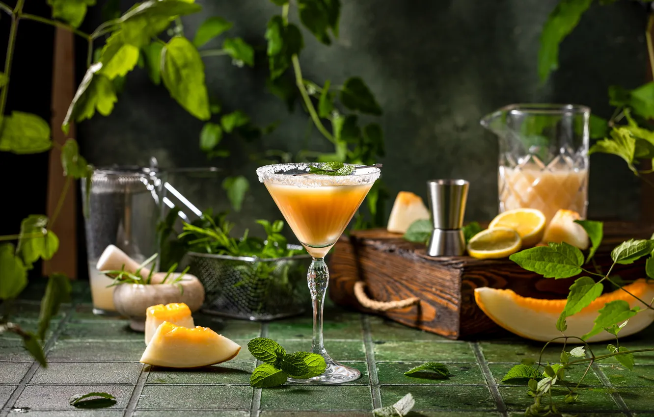 Photo wallpaper table, glass, dessert, melon