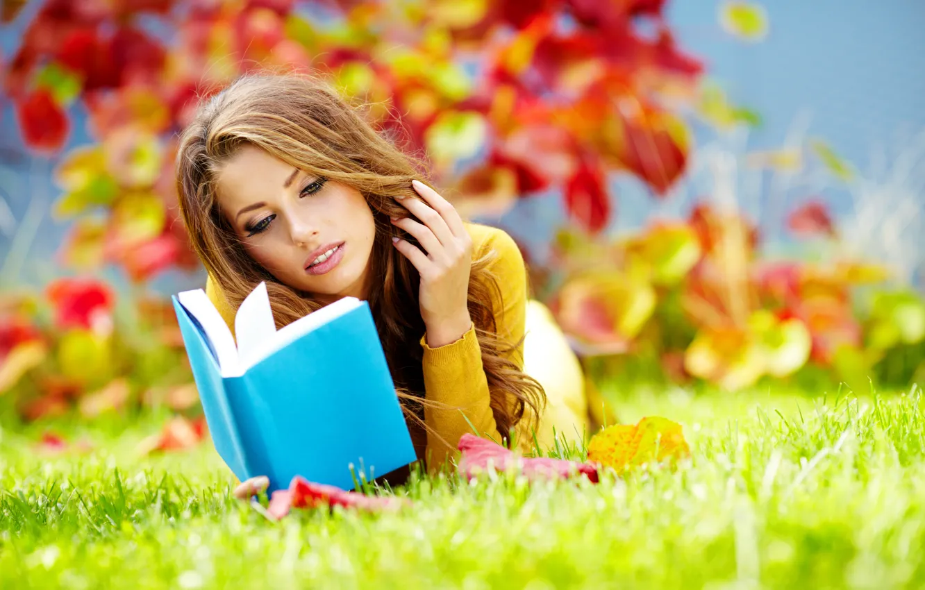 Photo wallpaper autumn, grass, leaves, girl, Park, book, brown hair