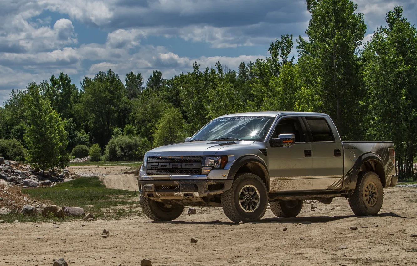 Photo wallpaper road, forest, trees, stones, tuning, American, series Super Duty, lighting with dual headlights