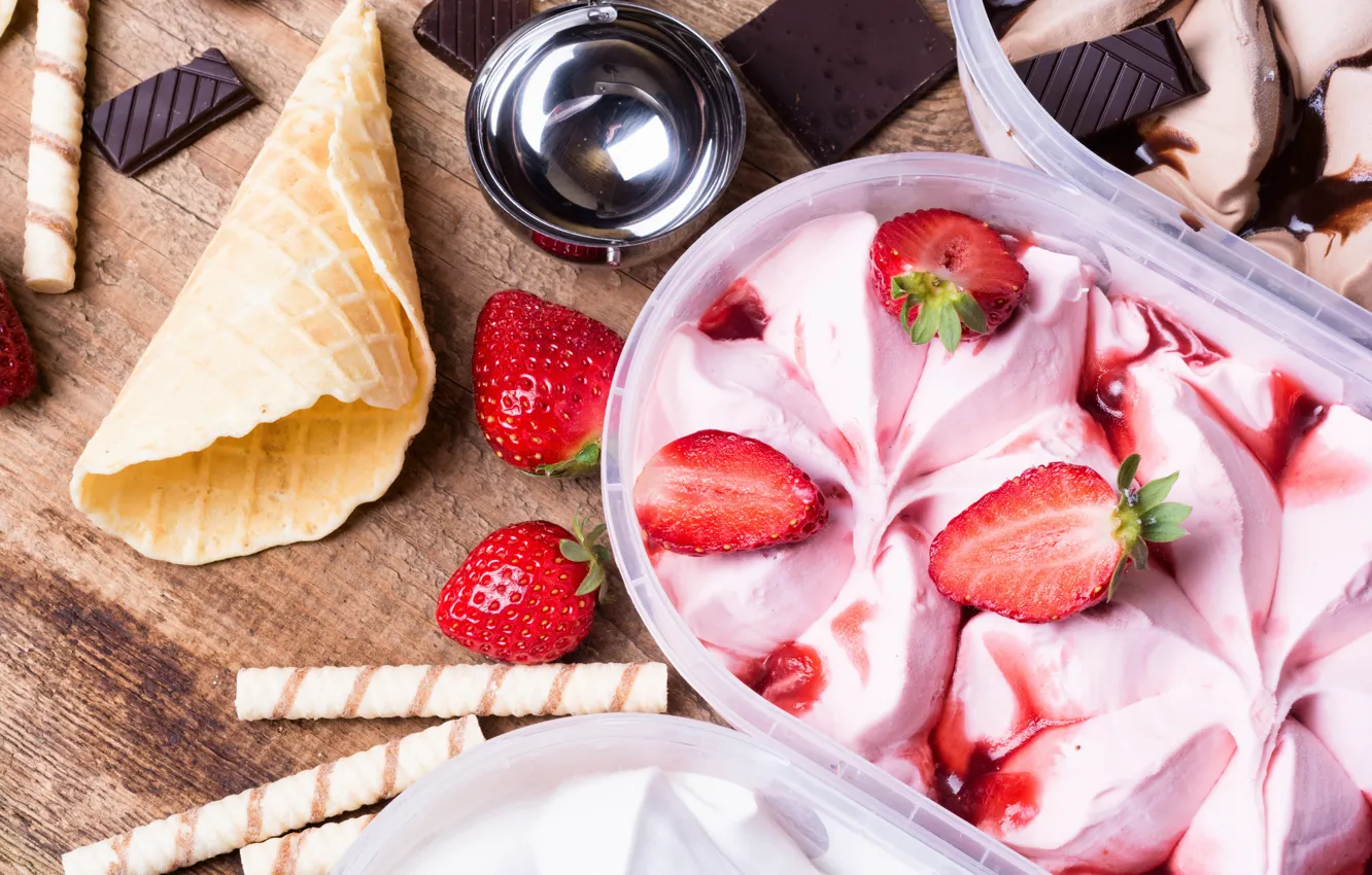 Photo wallpaper berries, chocolate, strawberry, ice cream, horn, dessert, sweet, strawberry