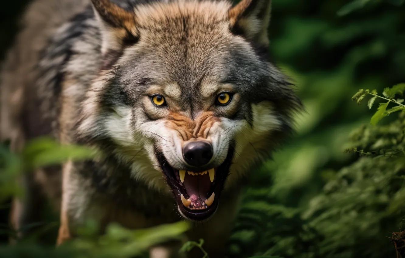 Photo wallpaper greens, forest, look, face, leaves, branches, nature, pose