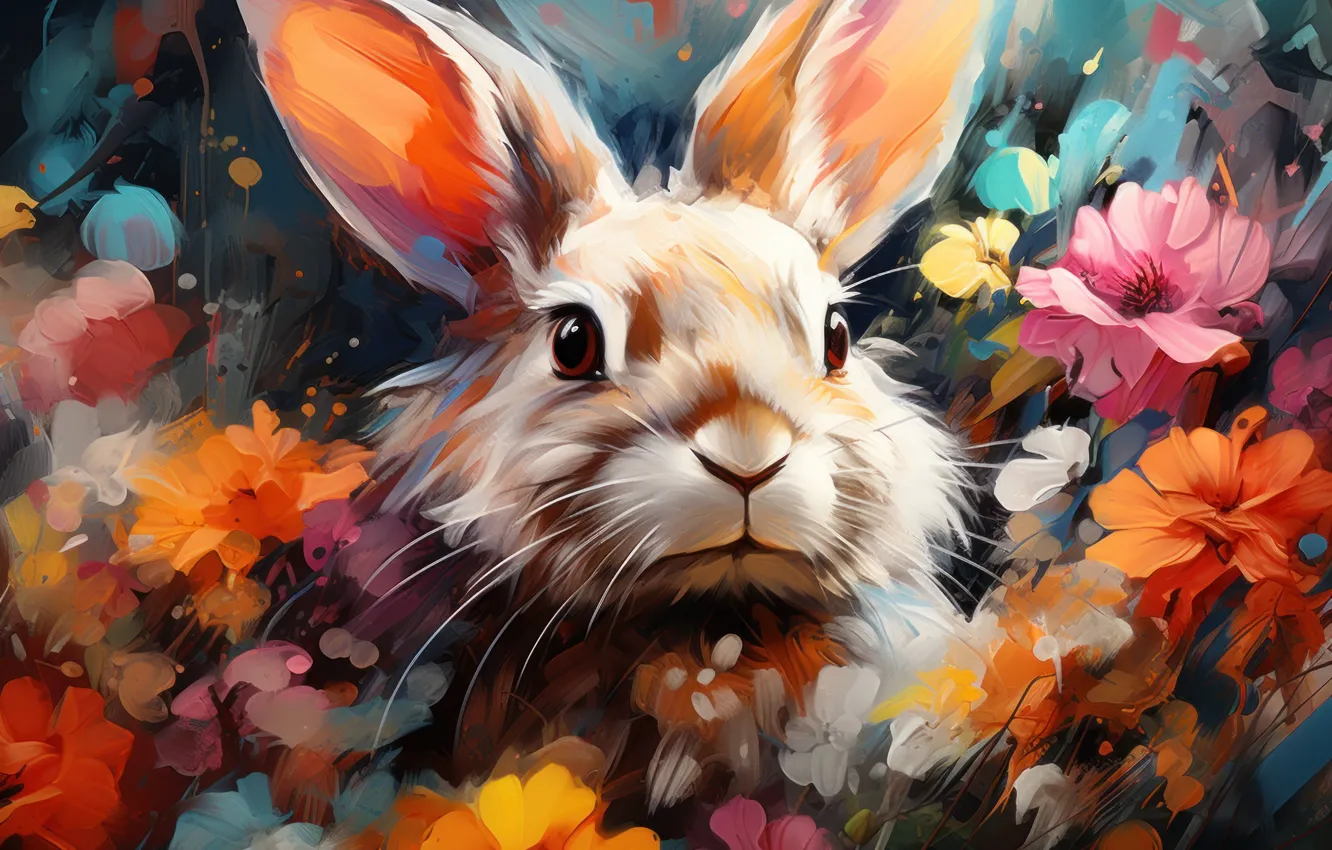 Photo wallpaper look, flowers, nature, hare, picture, rabbit, watercolor, painting