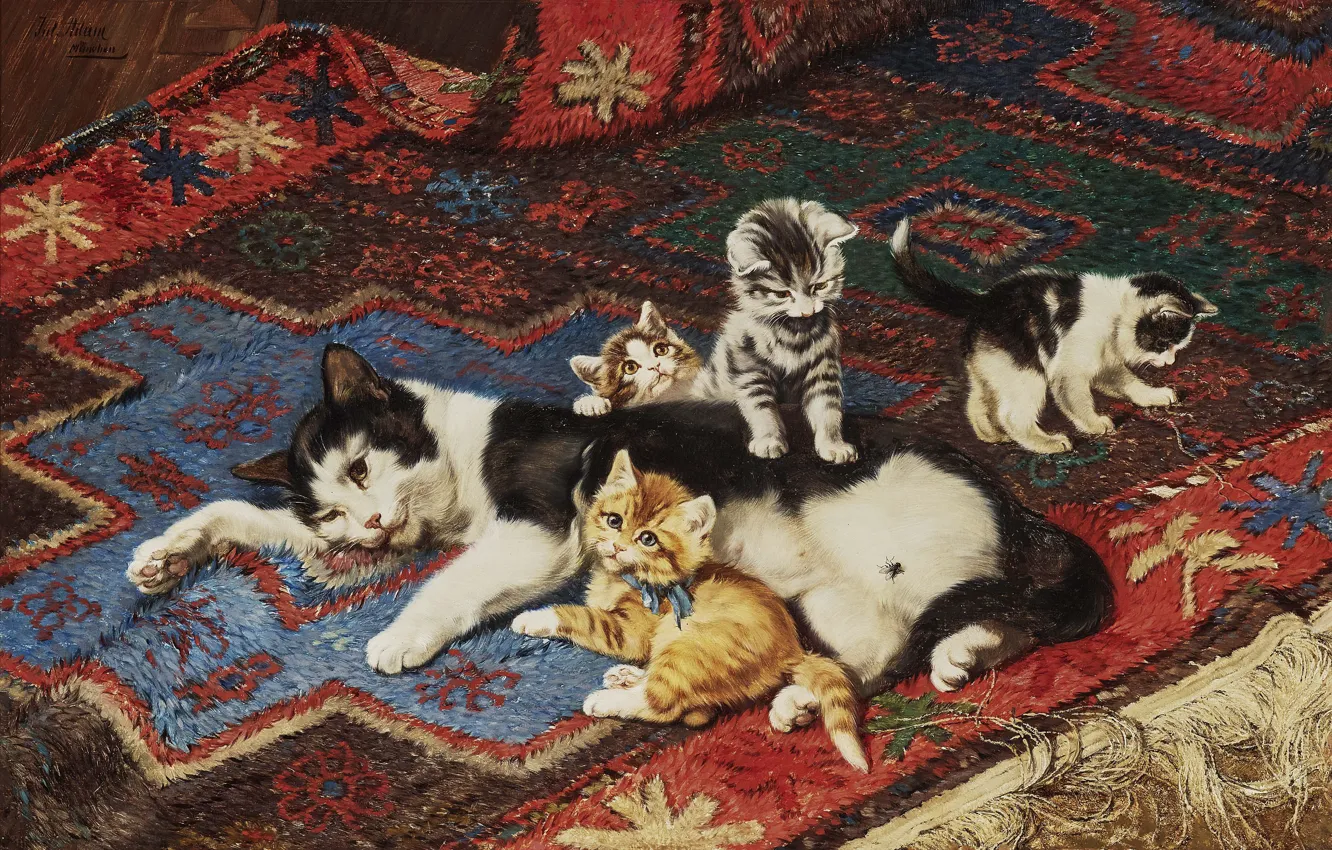 Photo wallpaper cat, carpet, picture, pussy, kitty, German painter, Julius Anton Adam, Julius Anton Adam