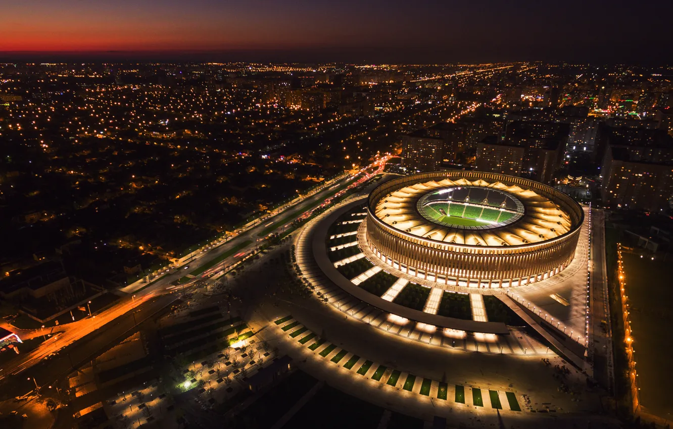 Photo wallpaper Sunset, Night, The city, Russia, The view from the top, Stadium, Football club, Bulls
