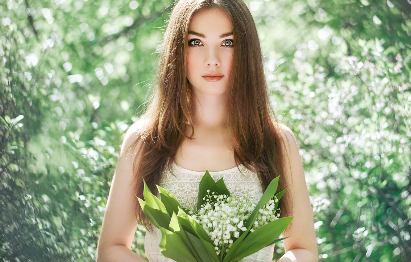 Photo wallpaper eyes, face, background, hair, lilies of the valley, look. bouquet
