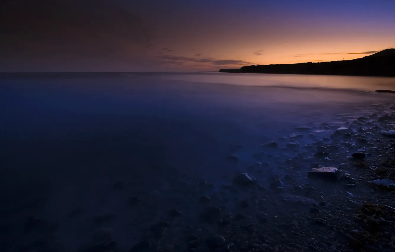 Photo wallpaper sea, water, sunset, stones, shore, the evening