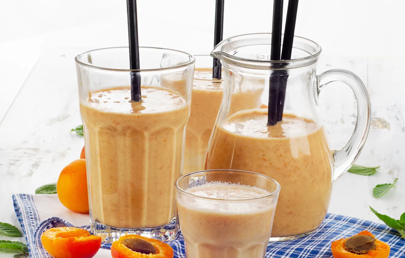 Photo wallpaper glass, drink, pitcher, apricots, smoothies