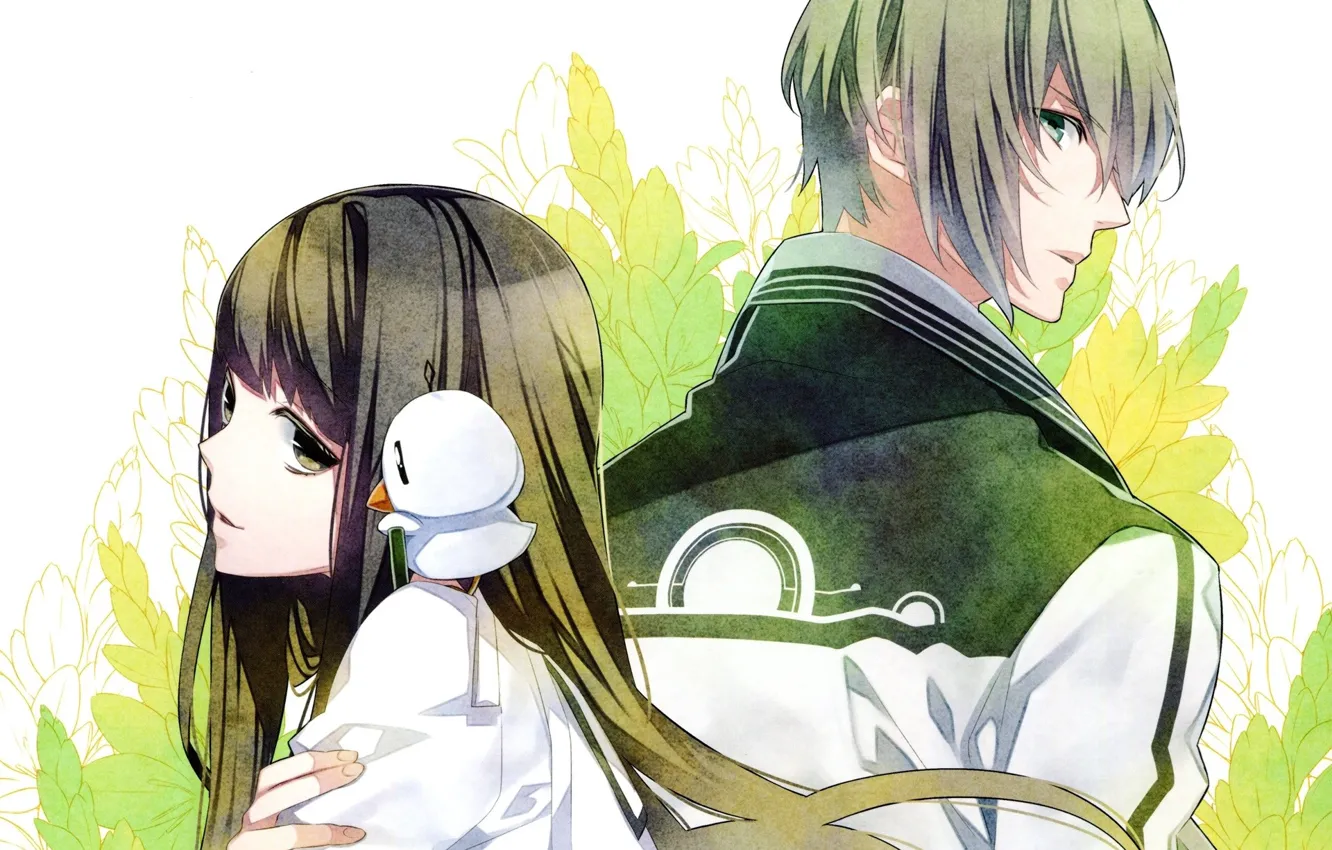 Photo wallpaper leaves, bird, two, school uniform, long hair, back to back, visual novel, norn9