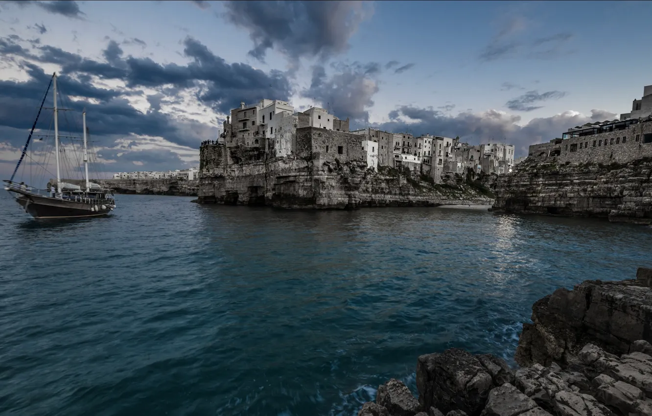 Photo wallpaper sea, rocks, ship, home, Italy, Polignano a Mare