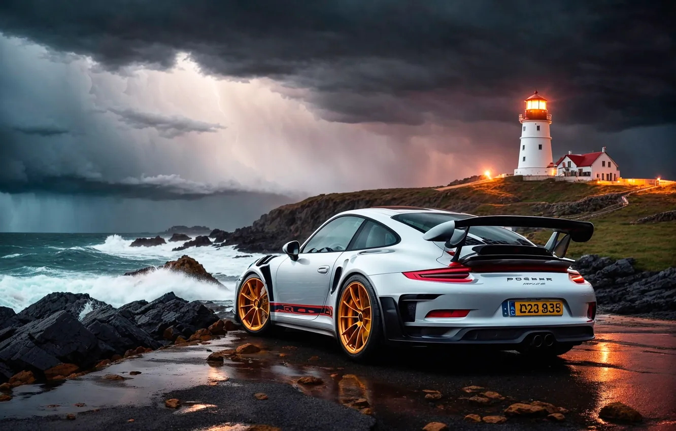 Photo wallpaper sea, machine, auto, lighthouse, Porsche 911, Porsche 911 GT3 RS, neural network