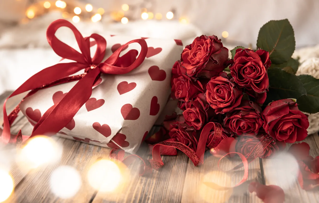 Photo wallpaper love, flowers, red, heart, roses, bouquet, hearts, Valentine's day