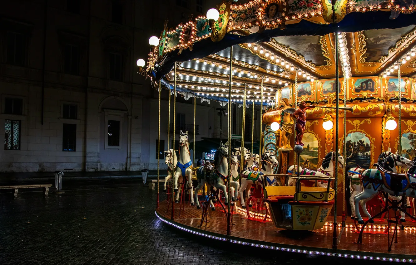 Photo wallpaper light, night, the city, darkness, street, horse, building, lamp