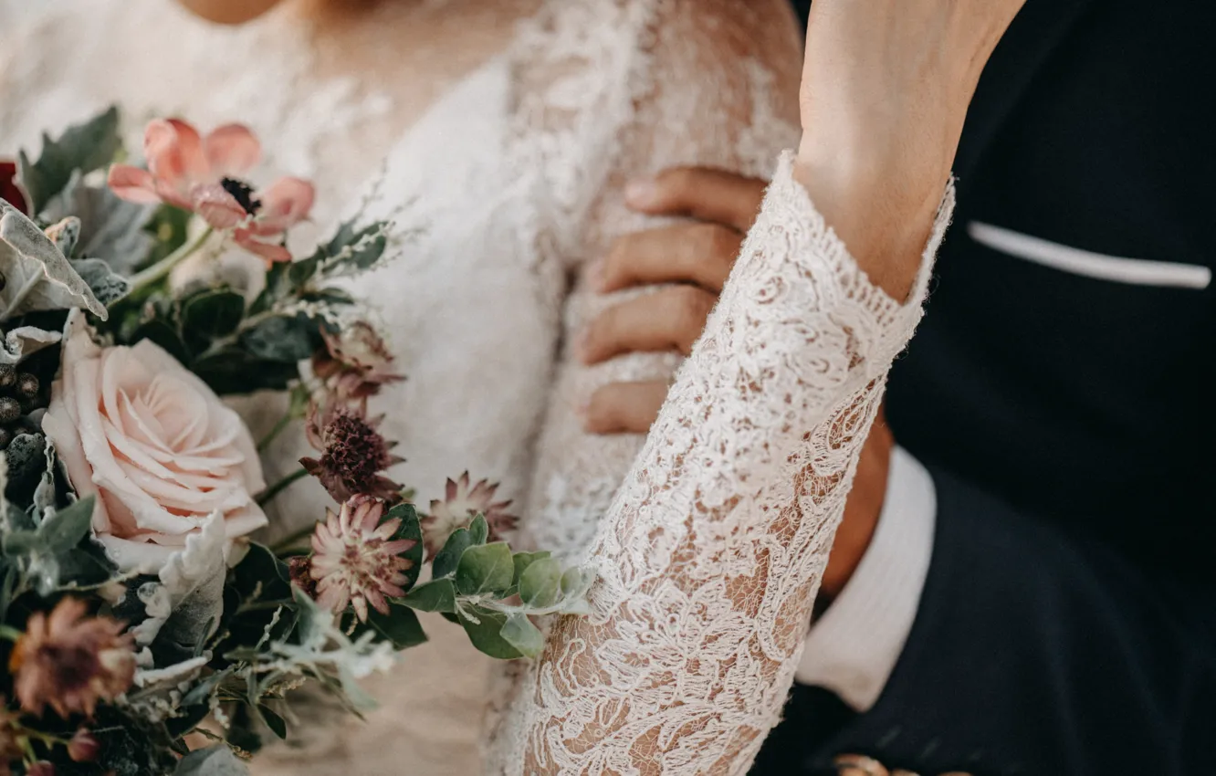 Photo wallpaper flowers, white, dress, lace, sleeve, wedding bouquet