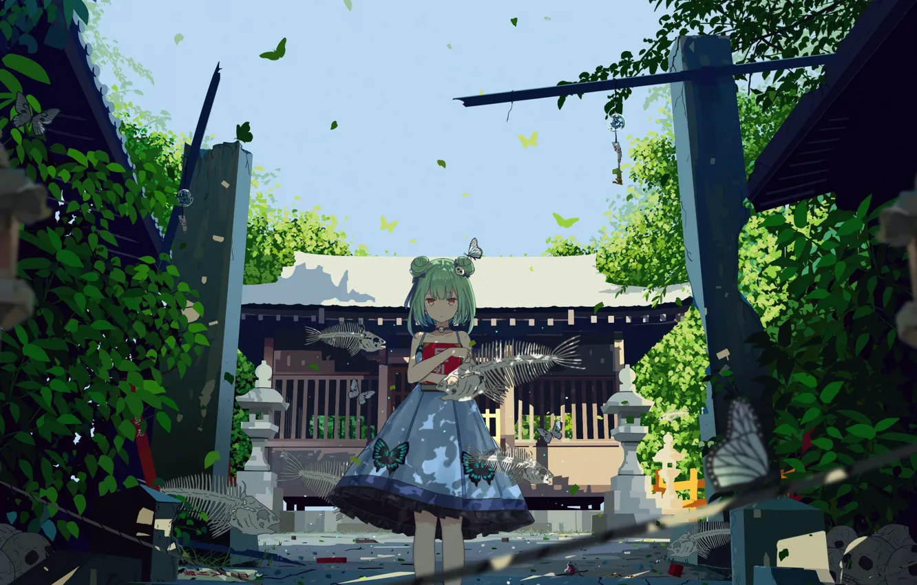 Photo wallpaper girl, fish, skeleton, temple, Virtual youtuber, Uruha Rushia, HoloLive