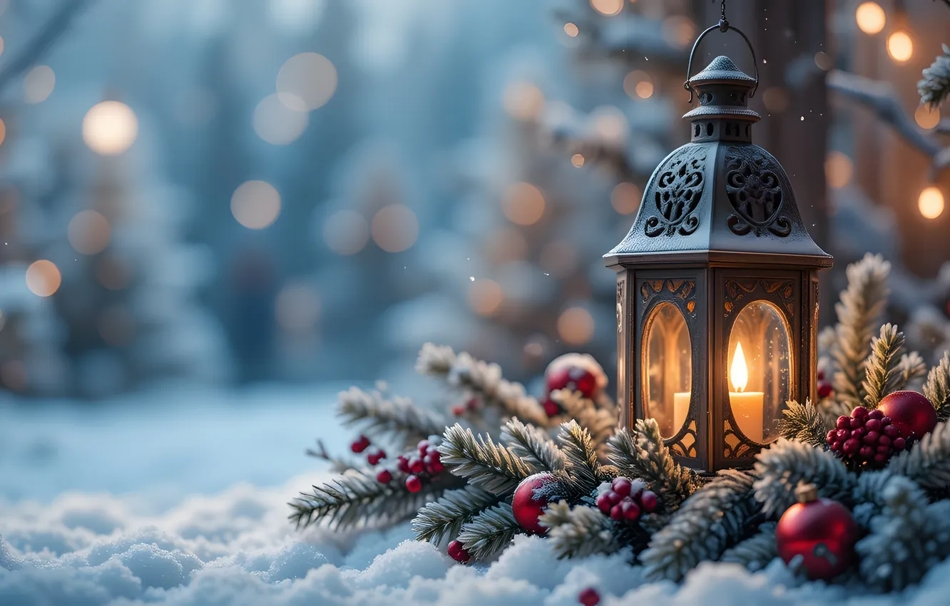 Photo wallpaper winter, snow, decoration, Christmas, winter, snow, decoration, candle