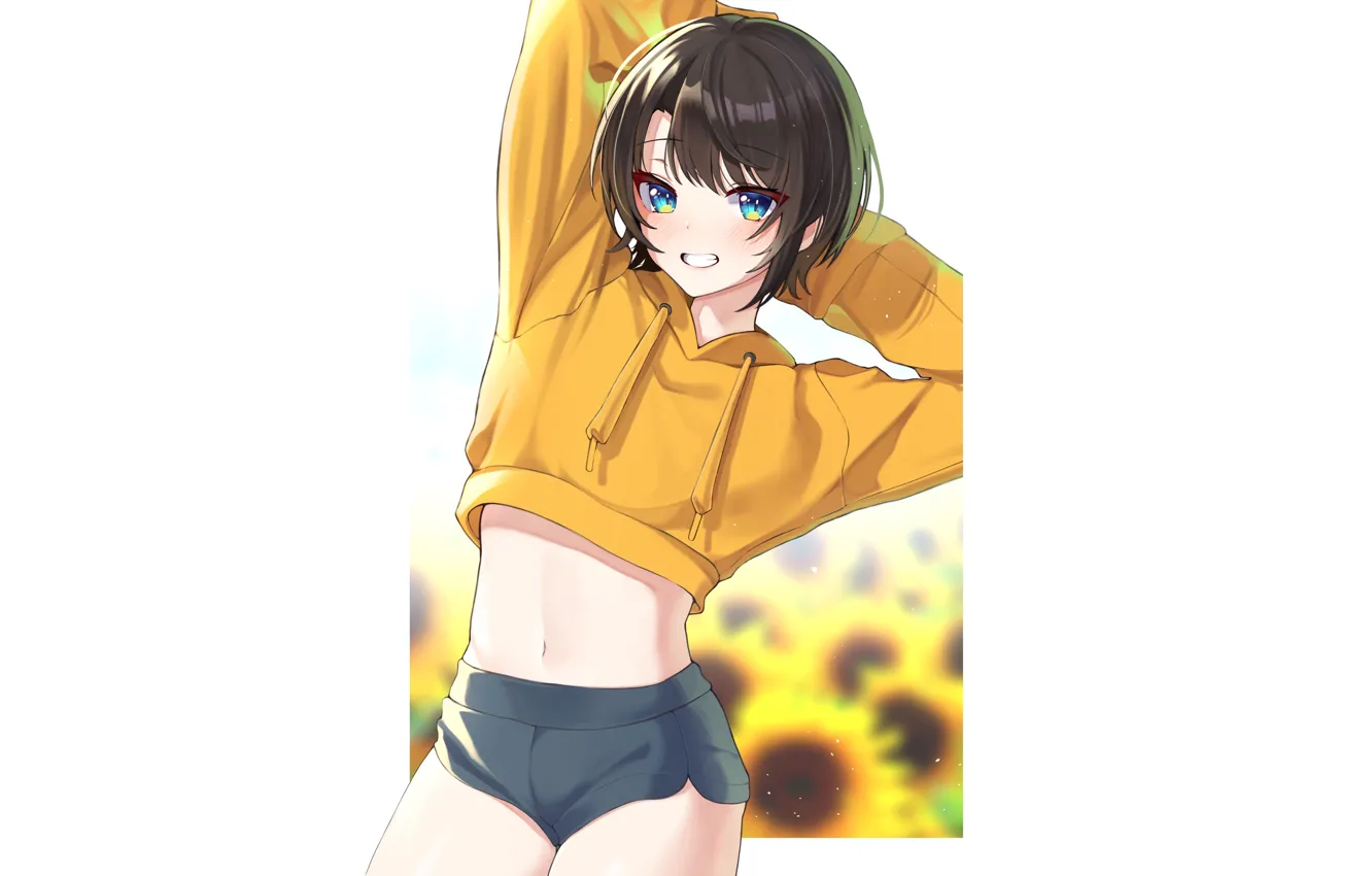 Photo wallpaper kawaii, girl, anime, short hair, cute, sunflowers, jacket, sweater