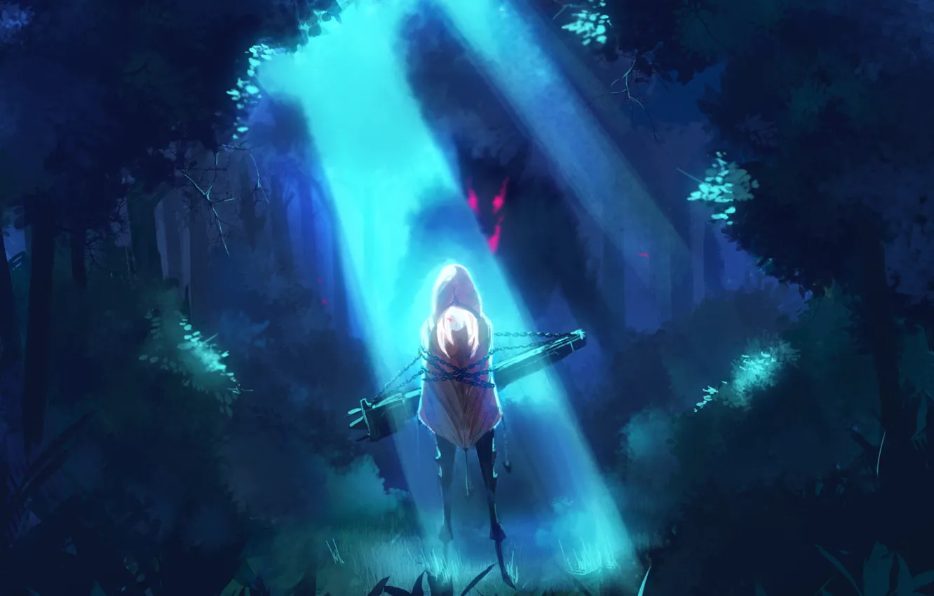 Photo wallpaper forest, girl, light, trees, night, nature, wolf, anime
