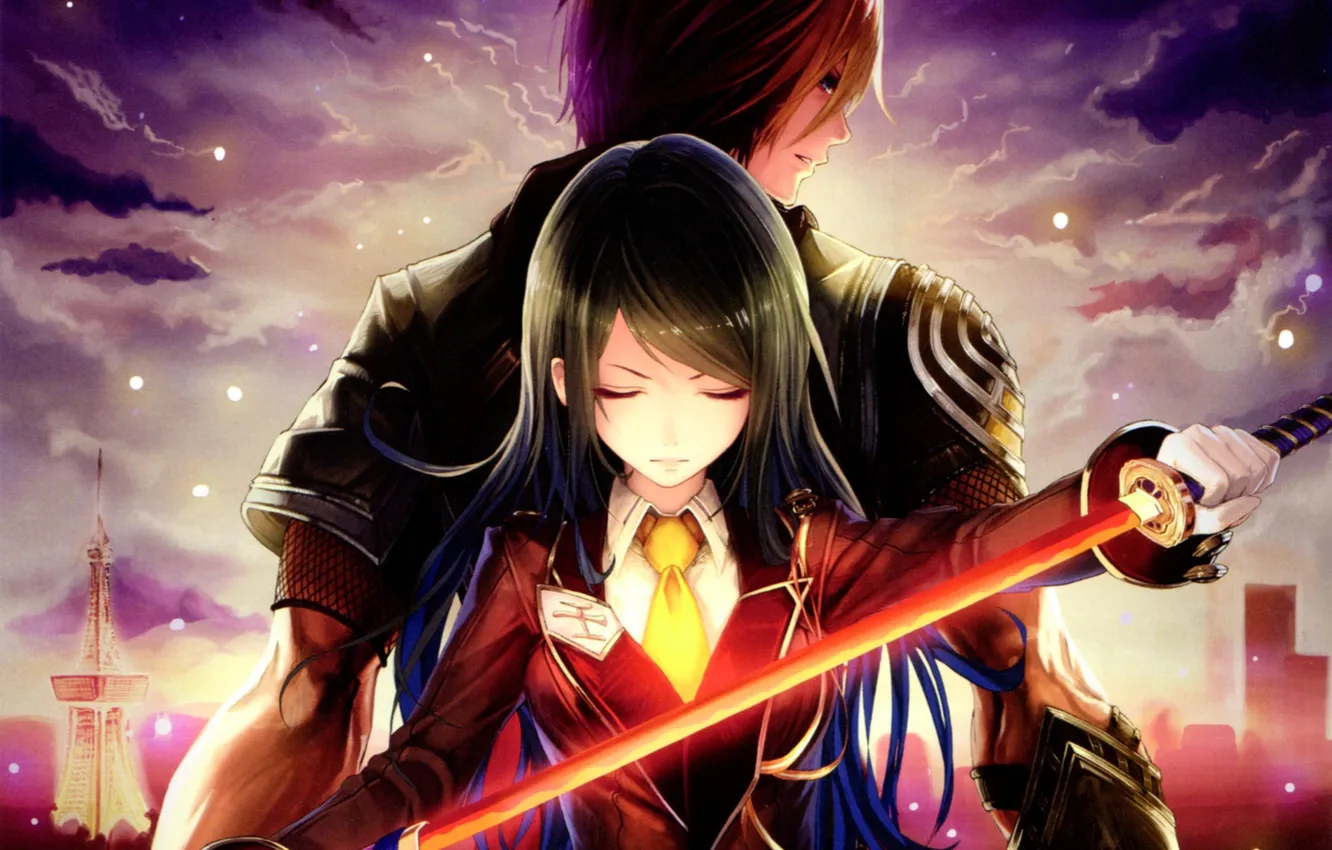 Photo wallpaper girl, sunset, weapons, katana, anime, art, guy, tachikawa mushimaro