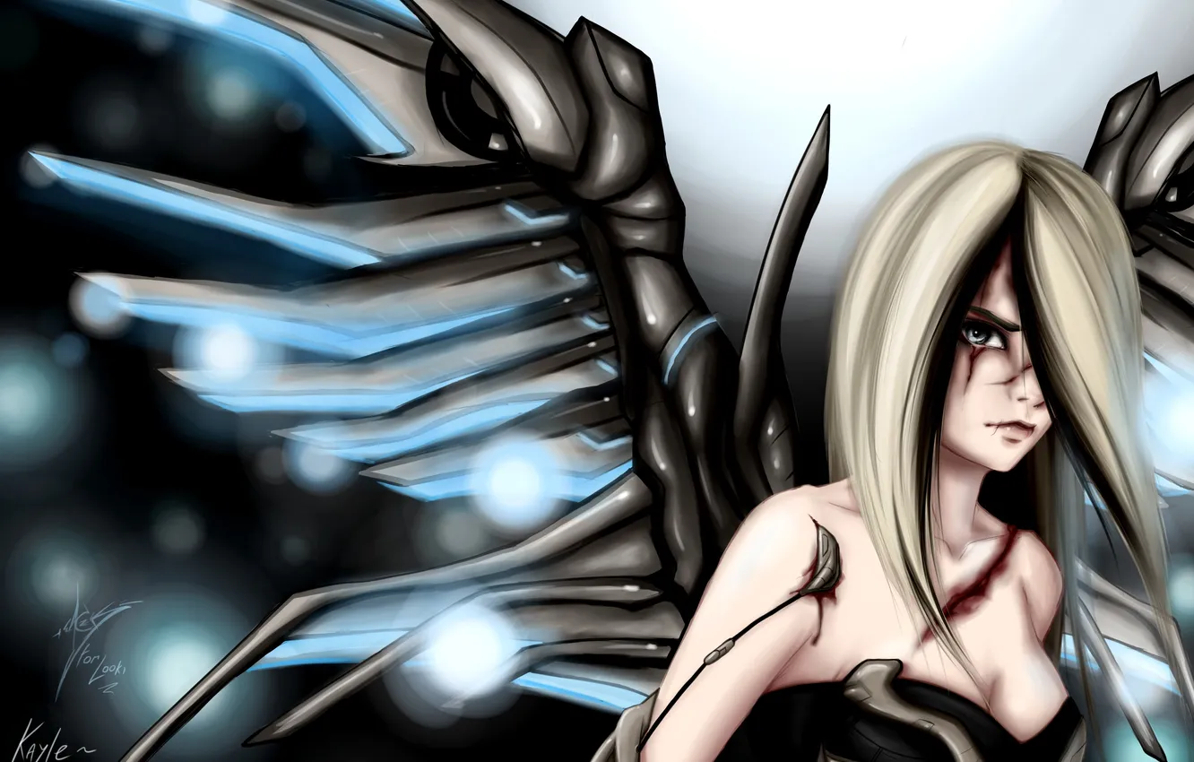 Photo wallpaper look, girl, magic, blood, wings, dissatisfaction, art, League of Legends