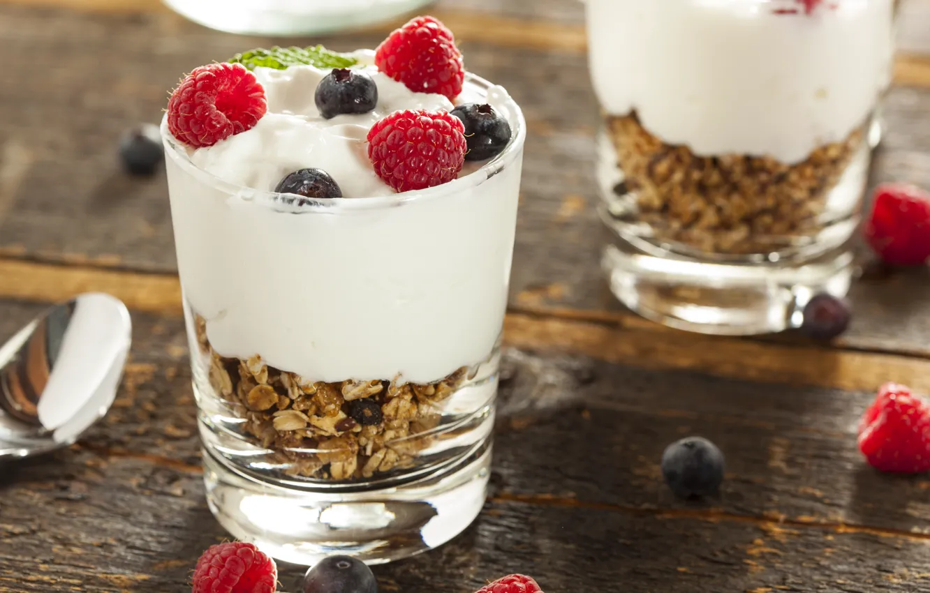 Photo wallpaper raspberry, food, blueberries, fruit, cream, dessert, fruits, cream