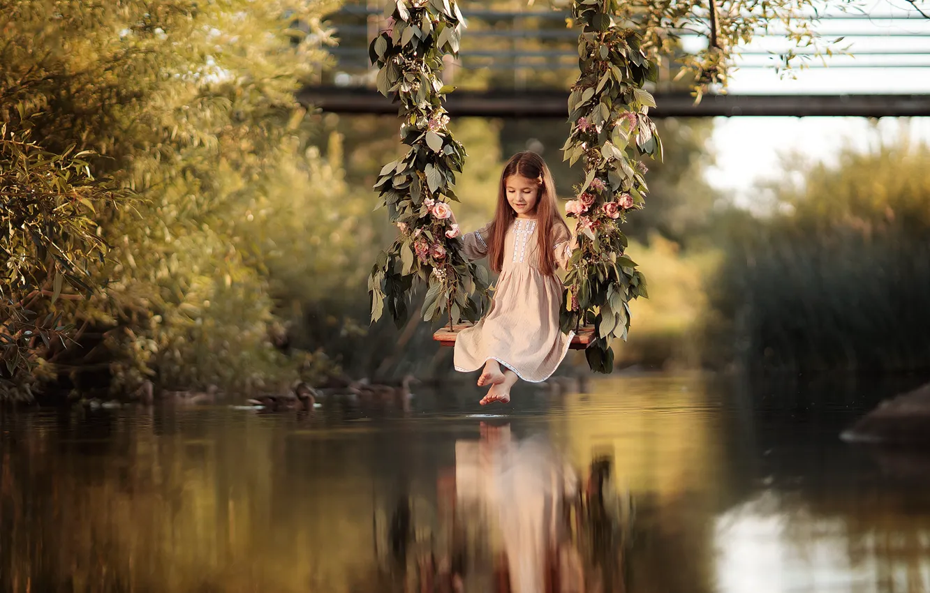 Photo wallpaper water, flowers, swing, girl