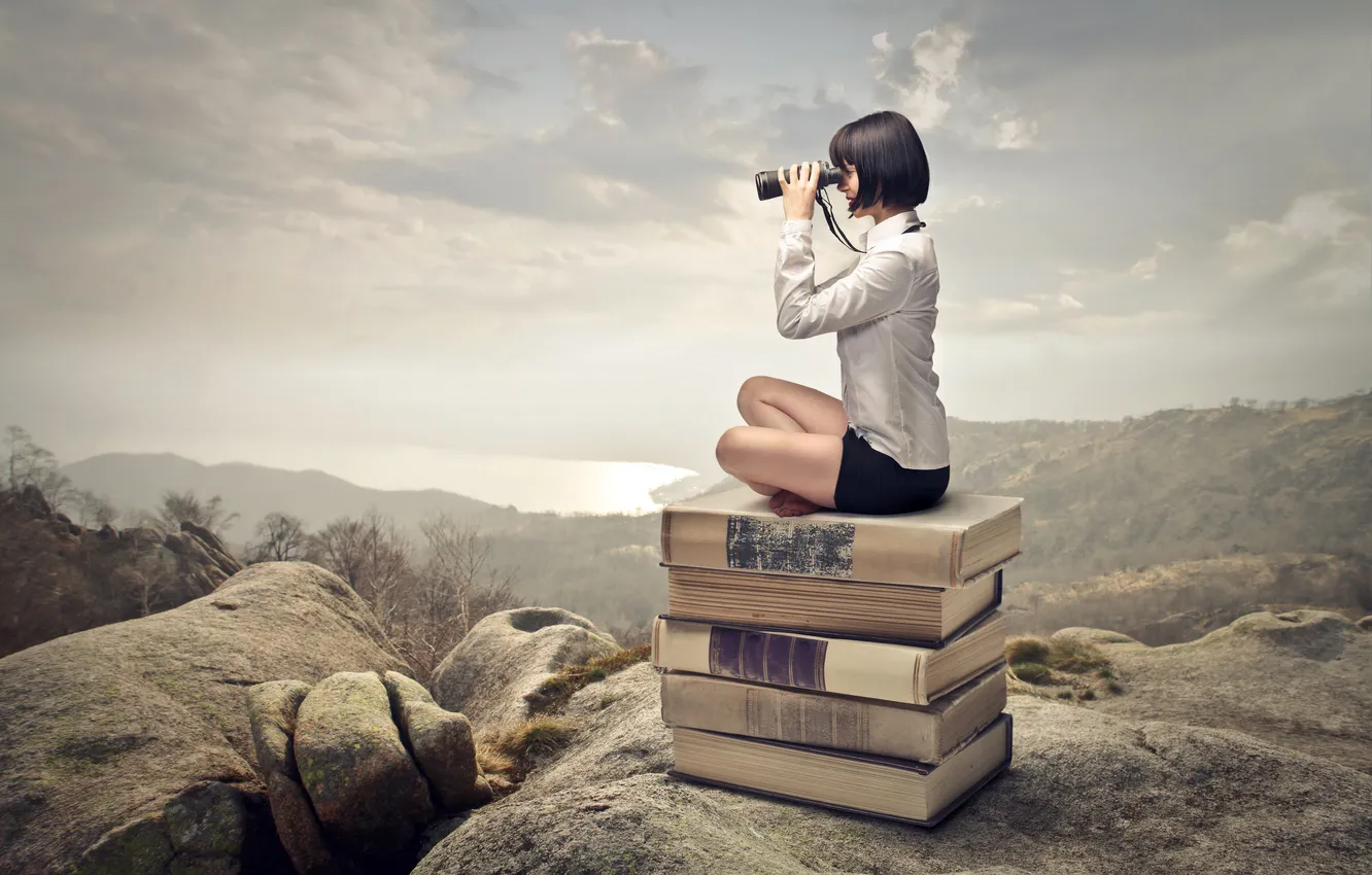 Photo wallpaper book, pose, looks into the distance, landscape, hairstyle, binoculars, brunette, skirt