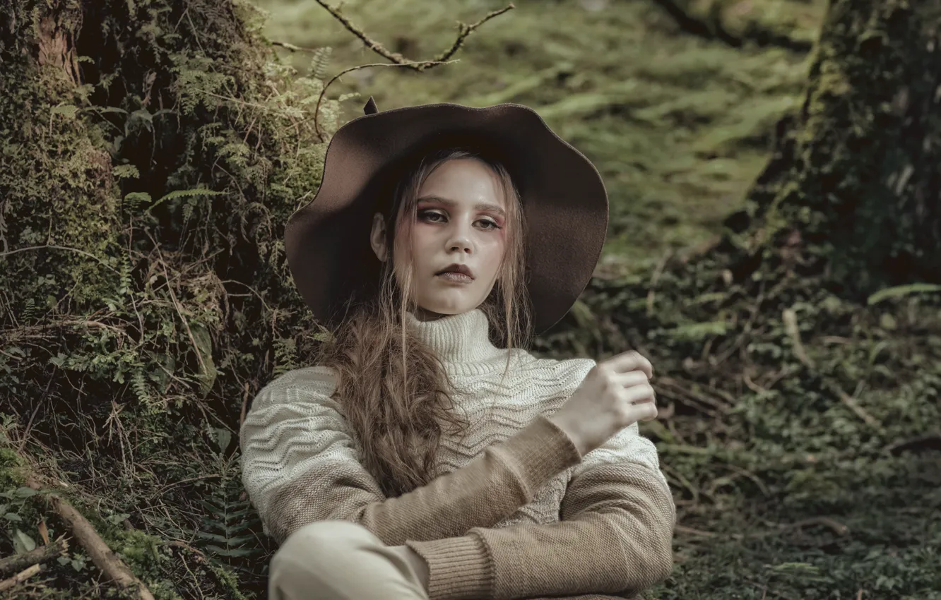 Photo wallpaper forest, girl, style, hair, moss, hat, sweater