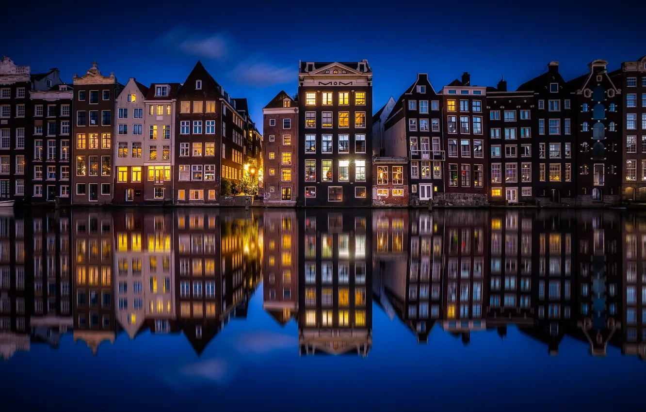 Photo wallpaper reflection, night, the city, lights, home, Amsterdam, channel, Netherlands