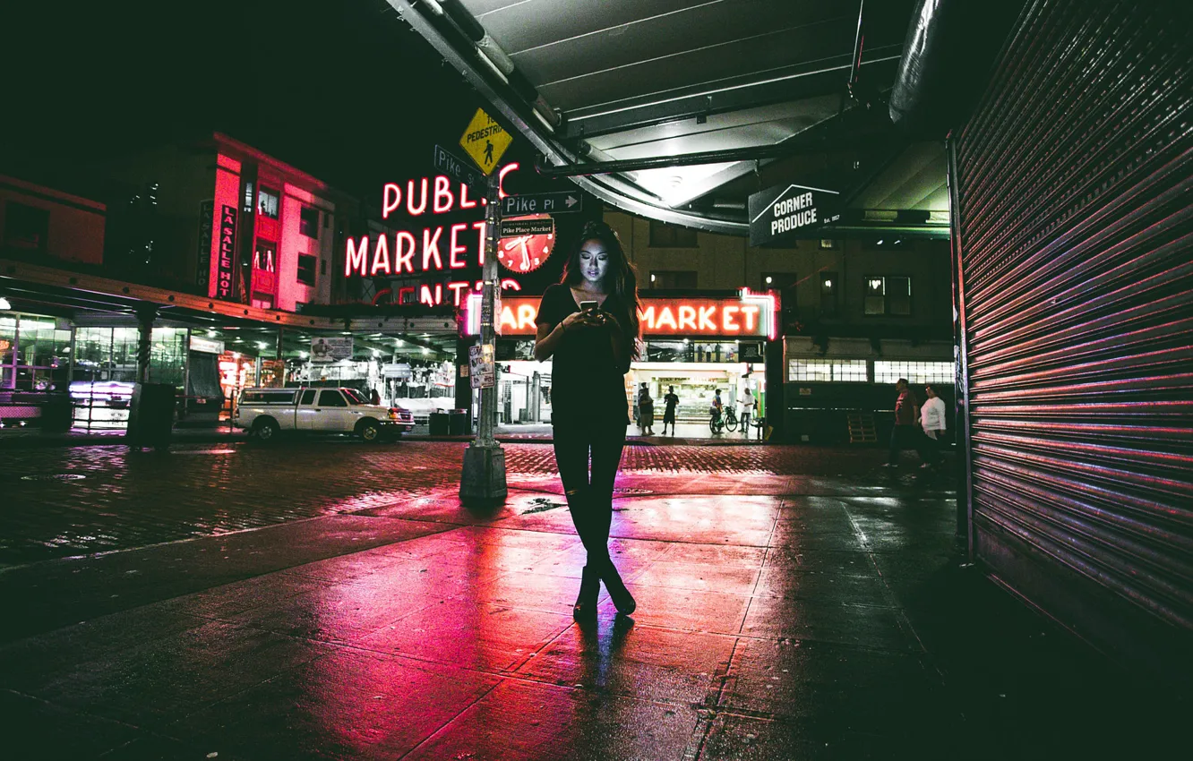 Photo wallpaper style, street, model, portrait, neon, phone, Hotline Bling