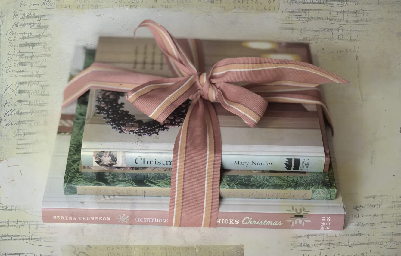 Photo wallpaper background, gift, books, texture, tape, bow, Christmas