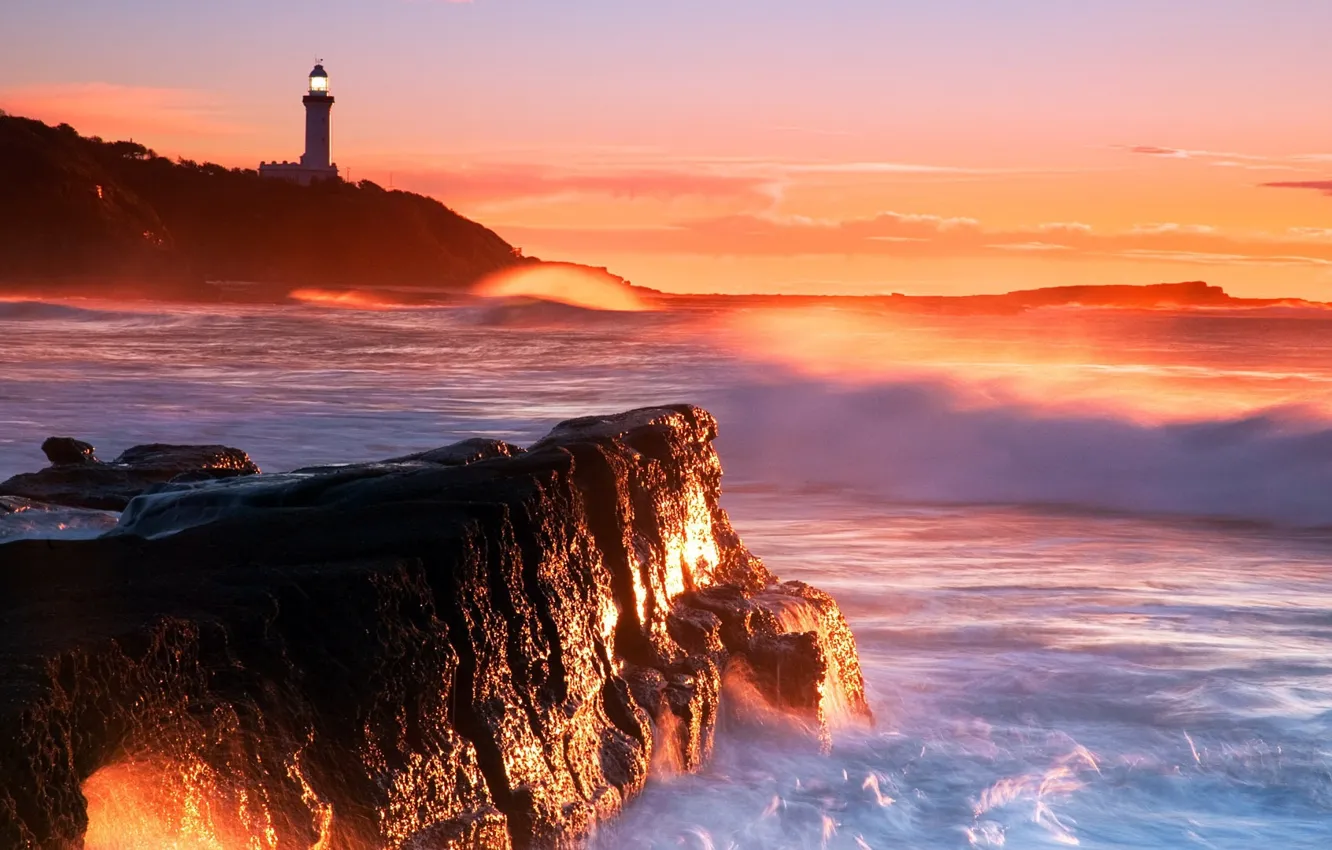 Photo wallpaper colors, waves, sky, sea, landscape, coast, nature, sunset