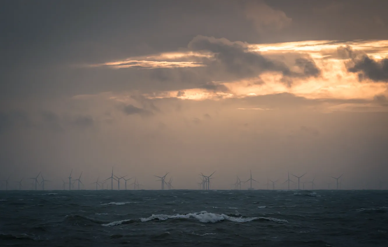 Photo wallpaper sea, fog, windmills