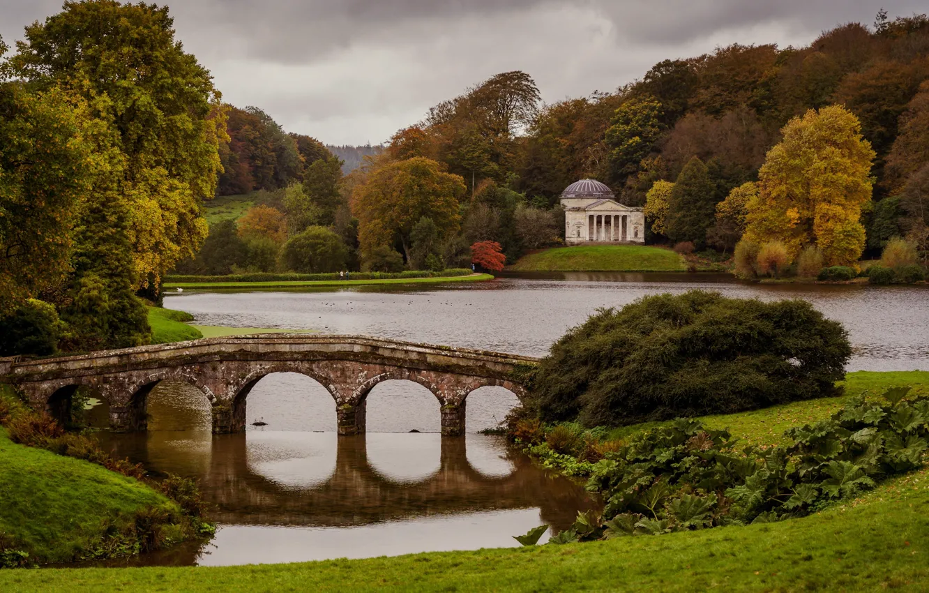 Photo wallpaper autumn, forest, bridge, Park, columns, rotunda, pond