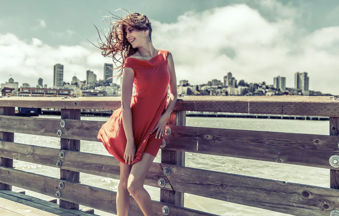 Photo wallpaper girl, smile, mood, the wind, dress