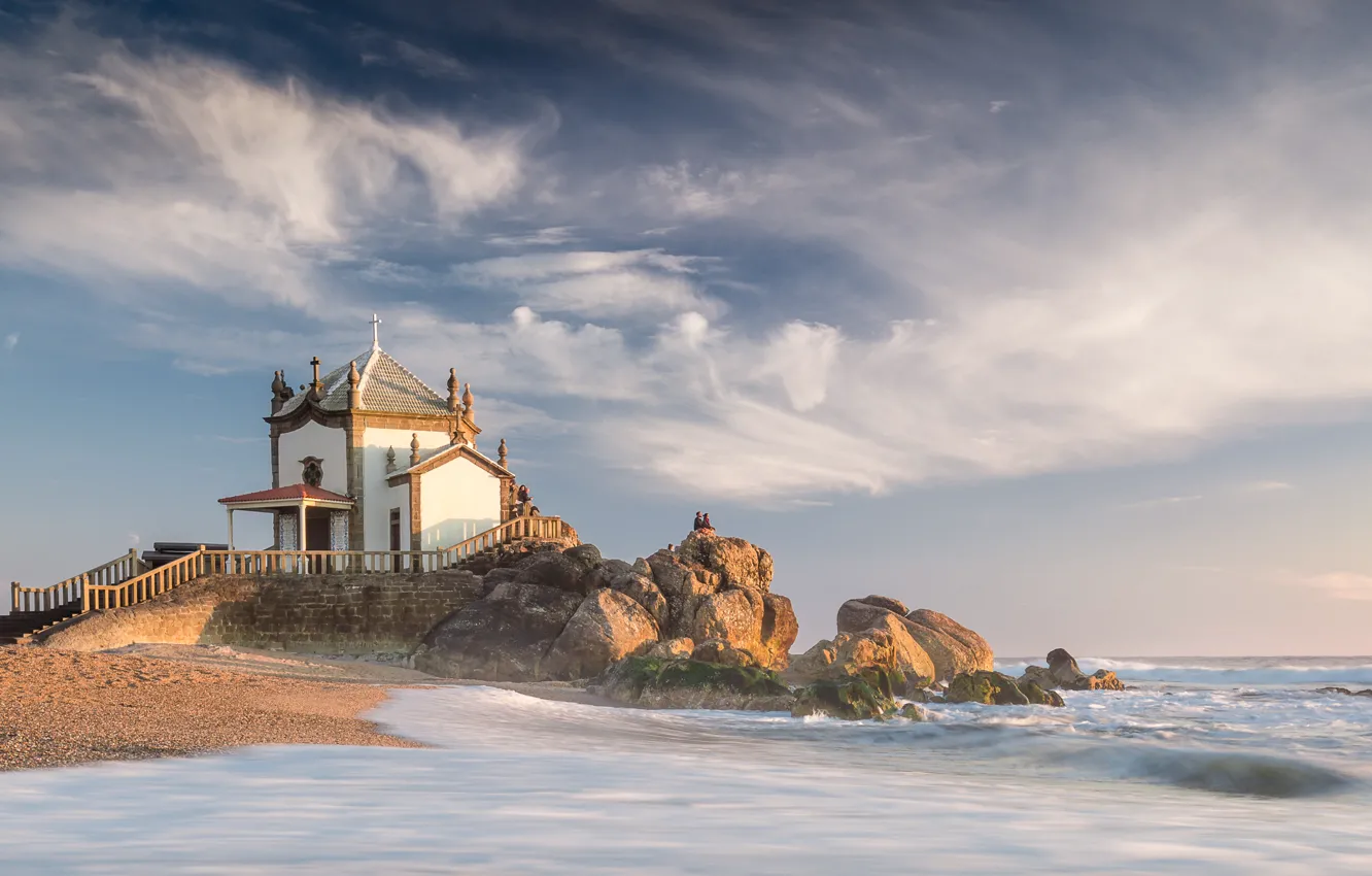Photo wallpaper beach, landscape, nature, stones, the ocean, shore, Church, Portugal