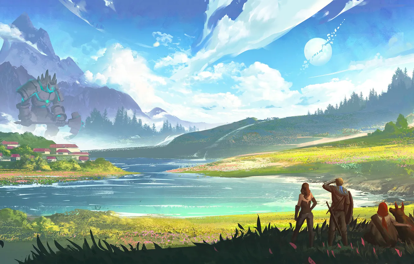 Photo wallpaper moon, fantasy, forest, sky, weapon, mountains, clouds, lake