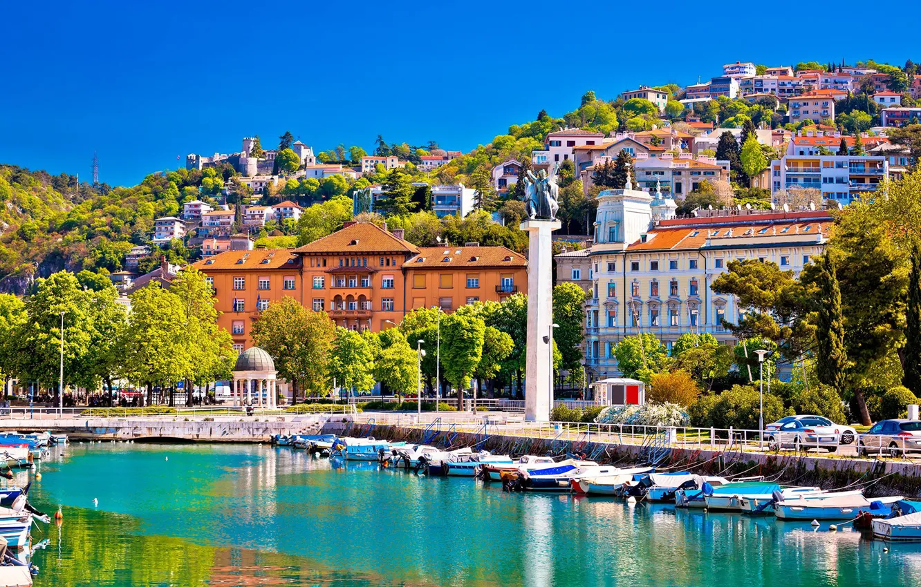 Photo wallpaper sea, boat, home, promenade, Croatia, Rijeka