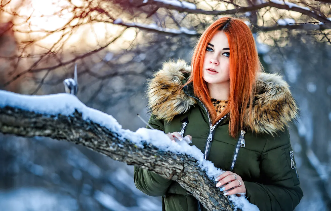 Photo wallpaper winter, snow, jacket, hood, redhead, Masha Fox