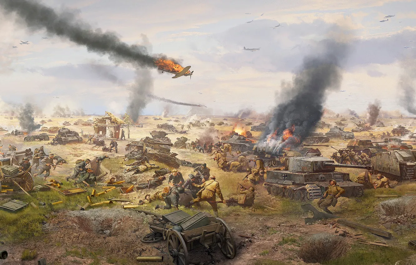 Photo wallpaper tiger, war, smoke, picture, battle, soldiers, tank, gun