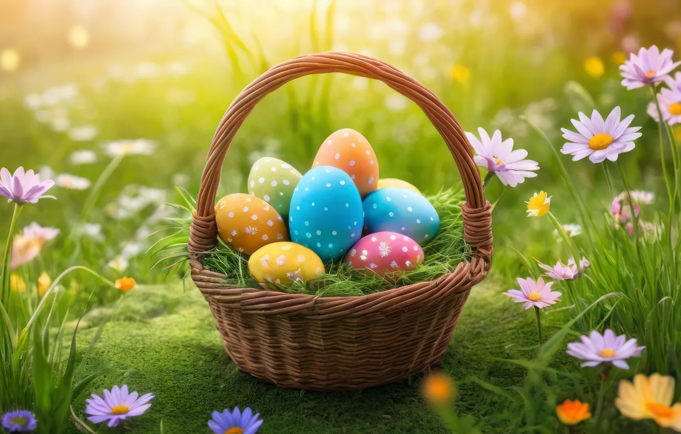 Photo wallpaper flowers, eggs, spring, colorful, Easter, flowers, spring, Easter
